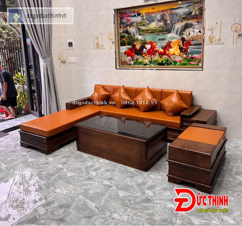 SOFA SỒI NGA - GÓC L - CHÂN PHÁO - MÀU GỐ ÓC CHÓ - NỆM