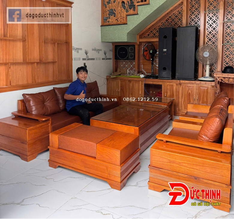 SOFA GỖ SỒI NGA–MẪU ĐỐI CHÂN PHÁO – CÓ NỆM - SƠN MÀU GỖ ĐỎ ĐẬM
