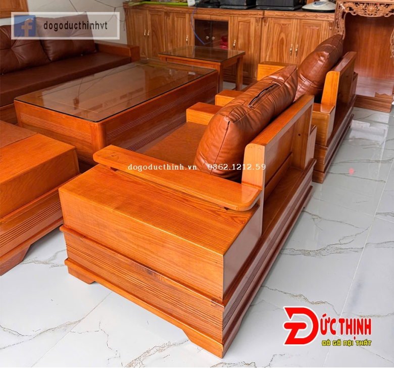 SOFA GỖ SỒI NGA–MẪU ĐỐI CHÂN PHÁO – CÓ NỆM - SƠN MÀU GỖ ĐỎ ĐẬM