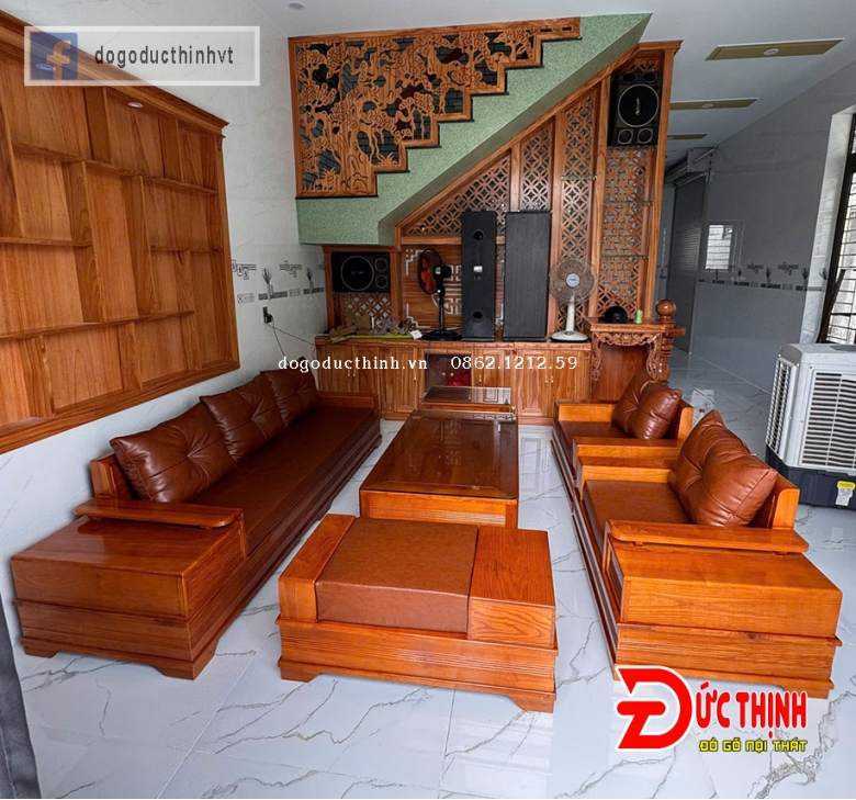SOFA GỖ SỒI NGA–MẪU ĐỐI CHÂN PHÁO – CÓ NỆM - SƠN MÀU GỖ ĐỎ ĐẬM