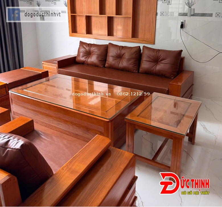 SOFA GỖ SỒI NGA–MẪU ĐỐI CHÂN PHÁO – CÓ NỆM - SƠN MÀU GỖ ĐỎ ĐẬM