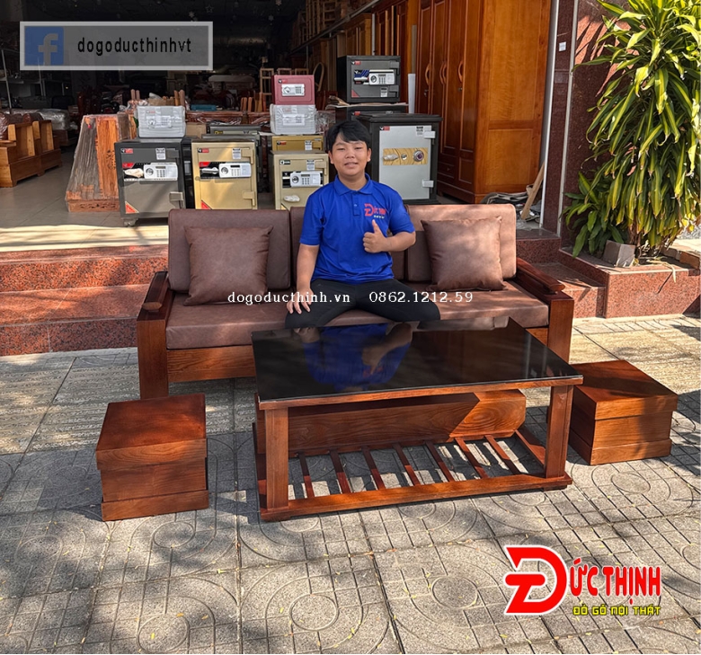 Sofa gỗ sồi Nga – có đệm bọc da - nhỏ gọn