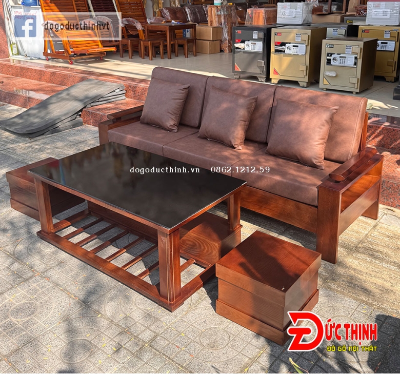 Sofa gỗ sồi Nga – có đệm bọc da - nhỏ gọn