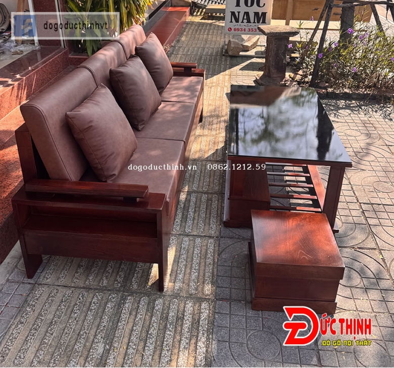 Sofa gỗ sồi Nga – có đệm bọc da - nhỏ gọn