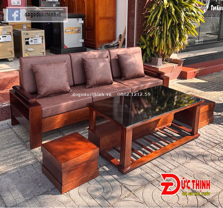 Sofa gỗ sồi Nga – có đệm bọc da - nhỏ gọn