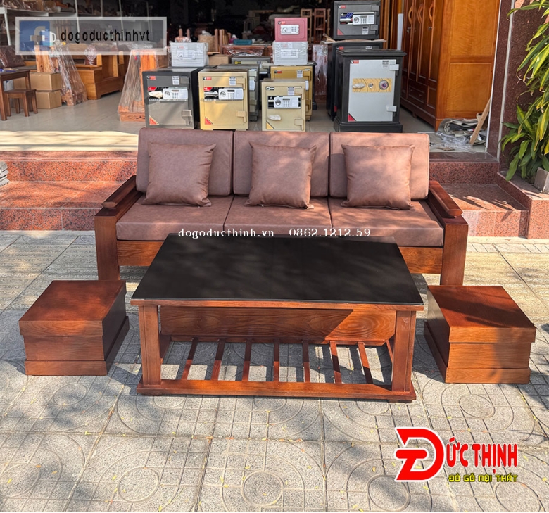 Sofa gỗ sồi Nga – có đệm bọc da - nhỏ gọn
