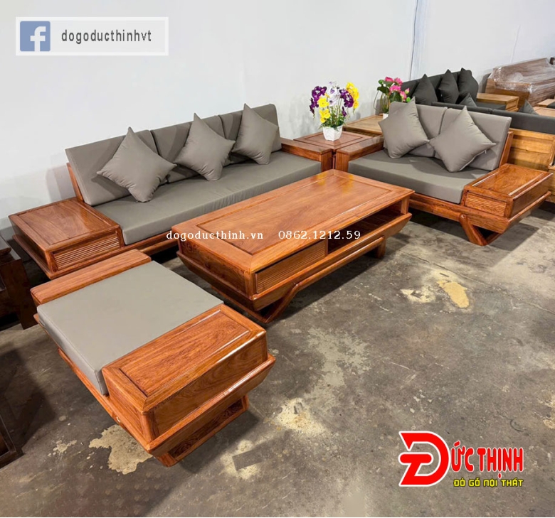 Sofa Hiện đại gỗ hương đá mẫu chân thuyền 2 ghế băng dài - có nệm