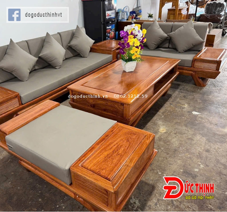 Sofa Hiện đại gỗ hương đá mẫu chân thuyền 2 ghế băng dài - có nệm