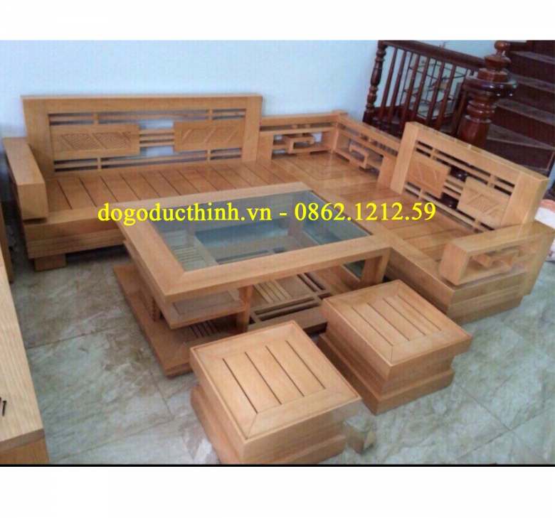 Sofa gỗ Sồi Màu - Góc - Tựa Nan - 5 món