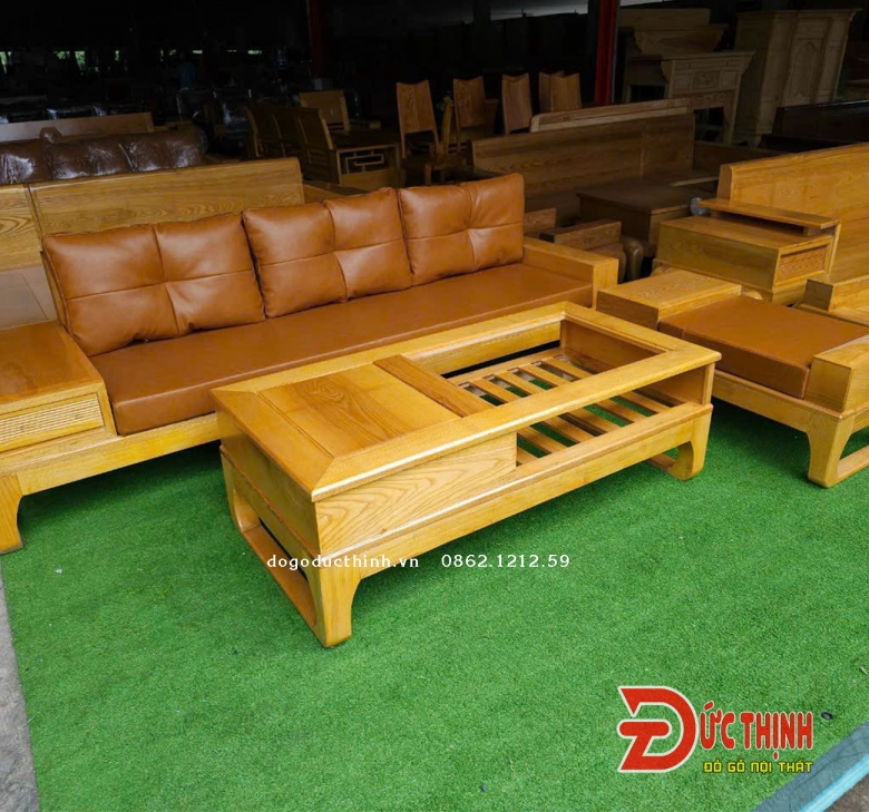 Sofa gỗ sồi Nga mẫu 2 văng nhỏ - sơn màu gỗ đỏ