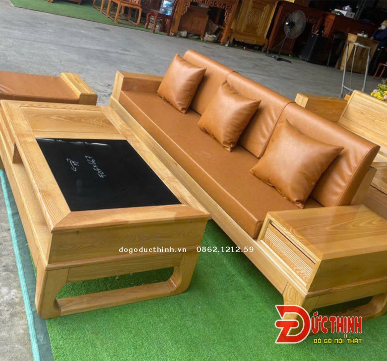 Sofa gỗ sồi Nga mẫu 2 văng nhỏ - sơn màu gỗ đỏ