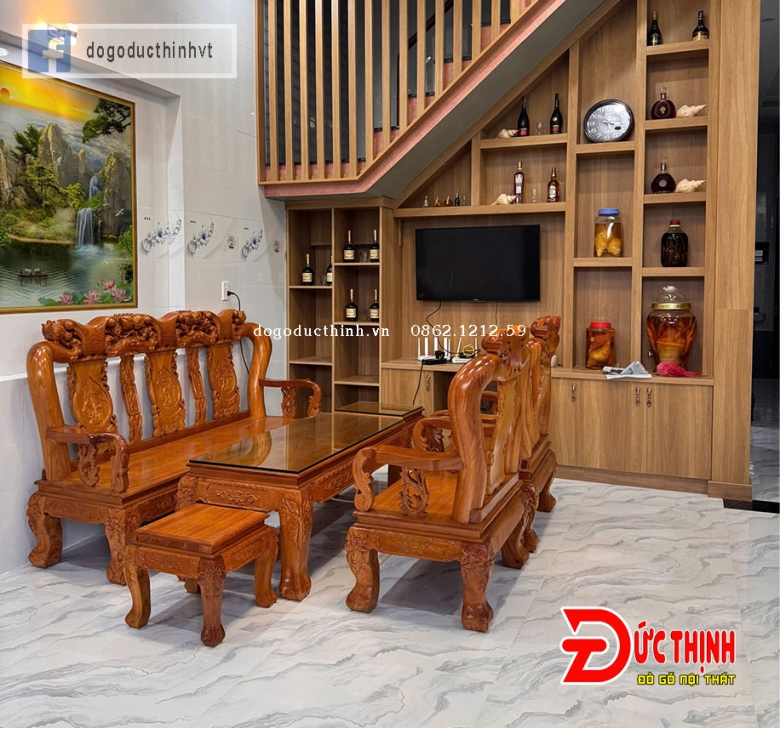 SALON GỖ ĐỎ - ĐÀO TIÊN - CỘT 12 - 6 MÓN - TAY CUỘN