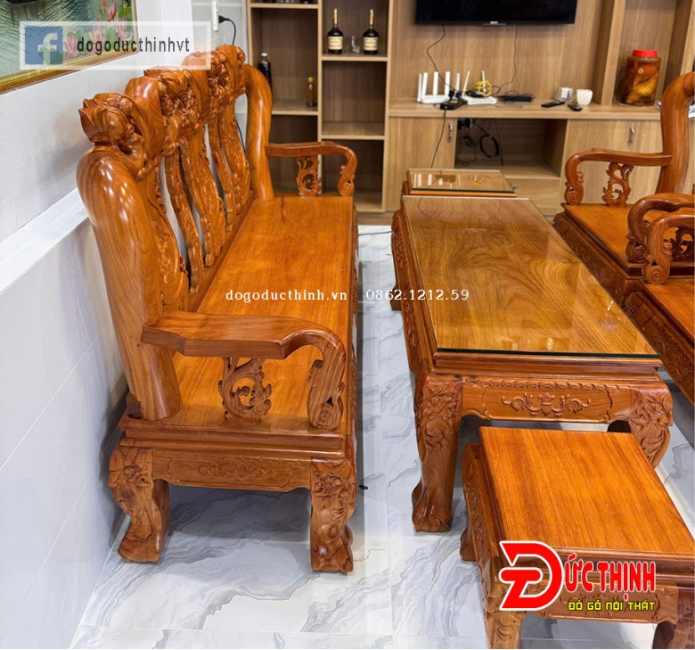 SALON GỖ ĐỎ - ĐÀO TIÊN - CỘT 12 - 6 MÓN - TAY CUỘN