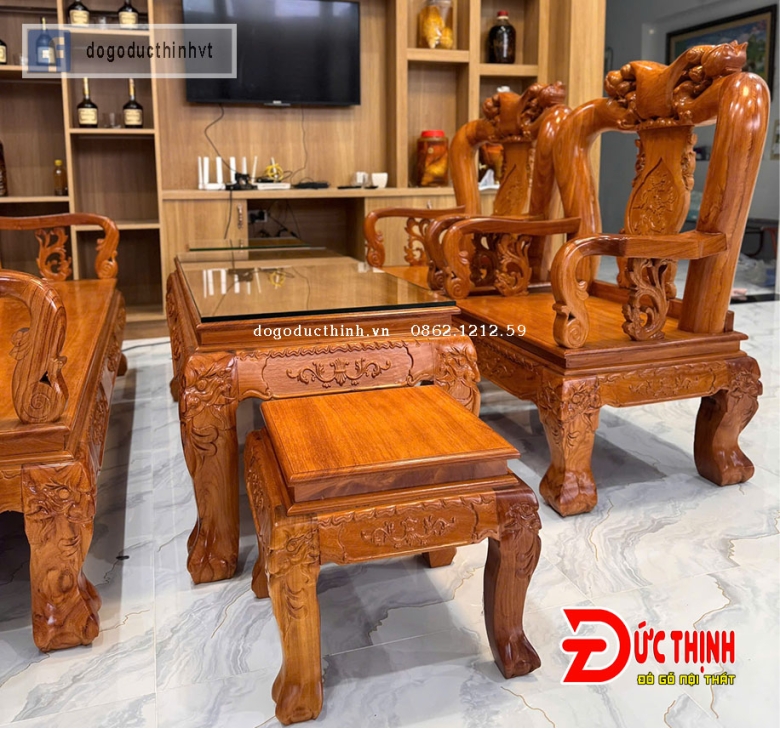 SALON GỖ ĐỎ - ĐÀO TIÊN - CỘT 12 - 6 MÓN - TAY CUỘN