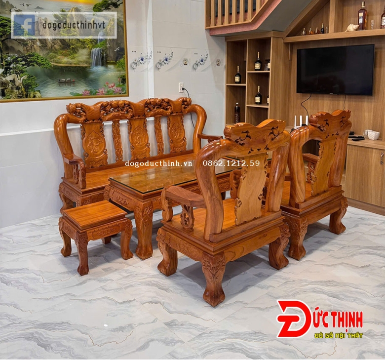 SALON GỖ ĐỎ - ĐÀO TIÊN - CỘT 12 - 6 MÓN - TAY CUỘN