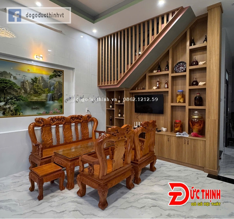 SALON GỖ ĐỎ - ĐÀO TIÊN - CỘT 12 - 6 MÓN - TAY CUỘN