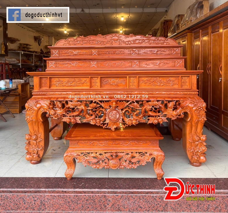 SẬP THỜ GỖ ĐỎ - MẪU MAI ĐIỂU - TAM CẤP - CHÂN 24CM