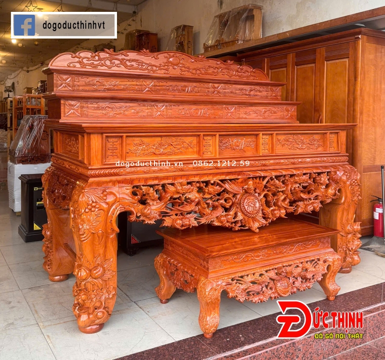 SẬP THỜ GỖ ĐỎ - MẪU MAI ĐIỂU - TAM CẤP - CHÂN 24CM