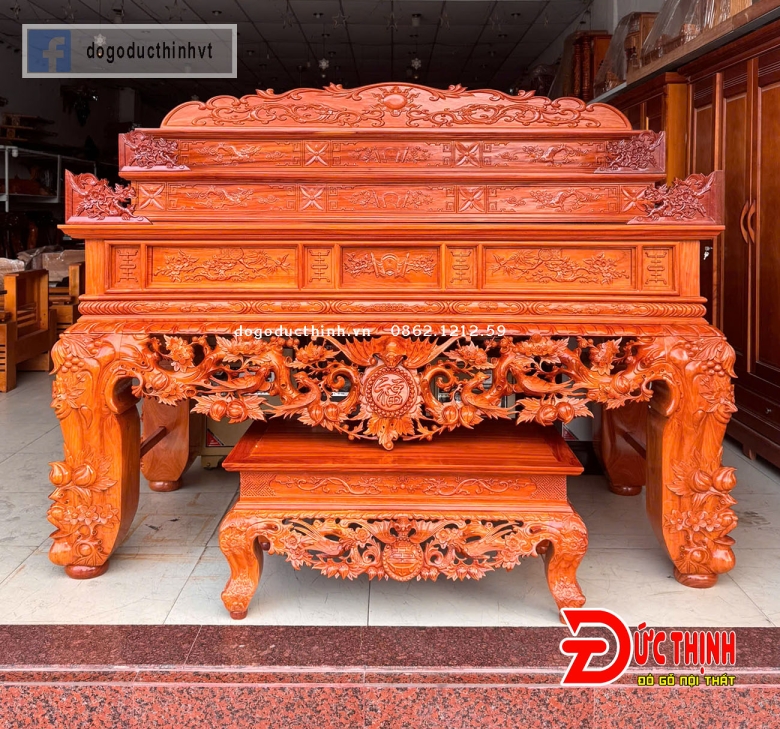 SẬP THỜ GỖ ĐỎ - MẪU MAI ĐIỂU - TAM CẤP - CHÂN 24CM