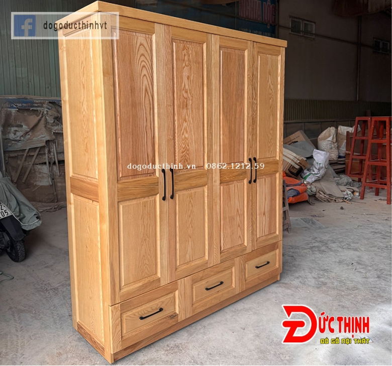 Tủ quần áo gỗ sồi - mẫu trơn tối giản