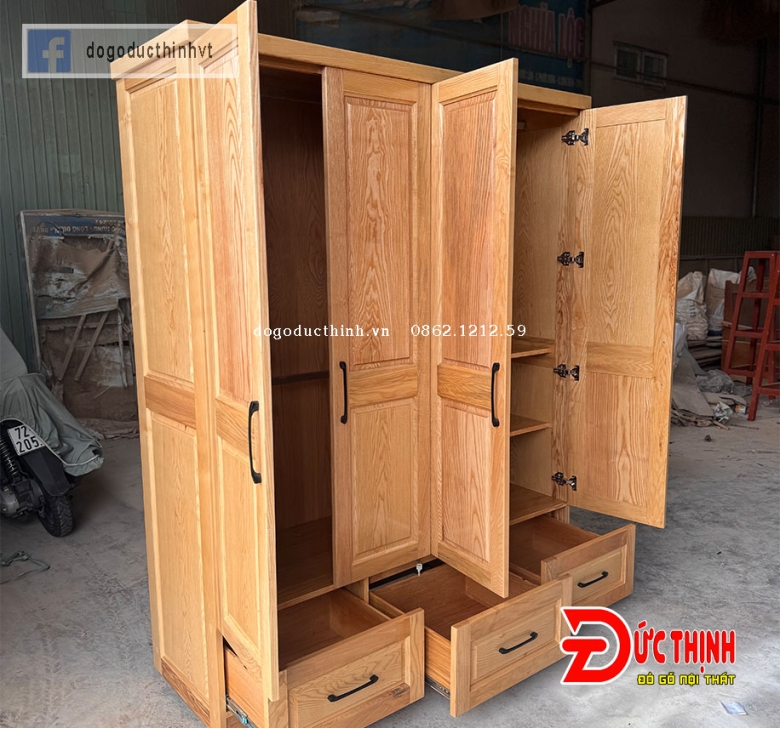 Tủ quần áo gỗ sồi - mẫu trơn tối giản