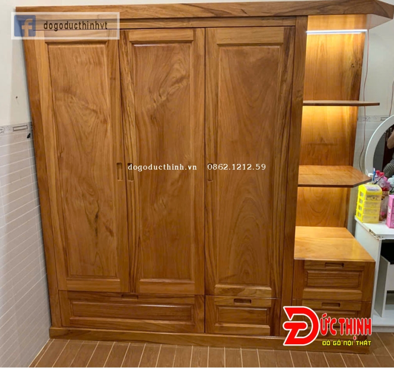 Tủ quần áo gỗ đỏ tự nhiên có kệ trang trí - 3 cánh hiện đại