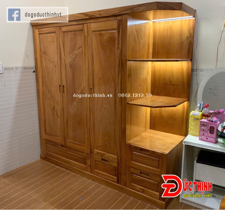 Tủ quần áo gỗ đỏ tự nhiên có kệ trang trí - 3 cánh hiện đại