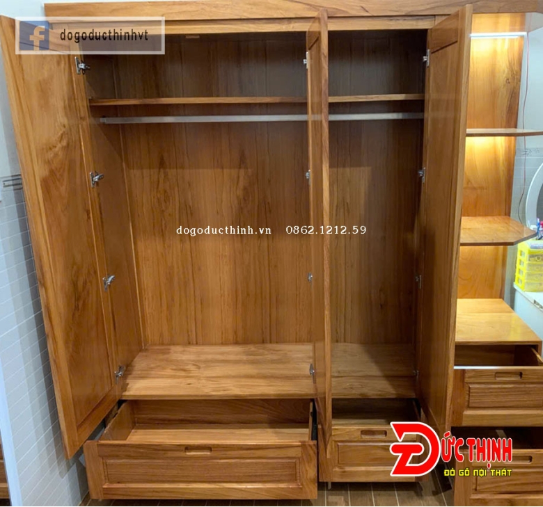Tủ quần áo gỗ đỏ tự nhiên có kệ trang trí - 3 cánh hiện đại