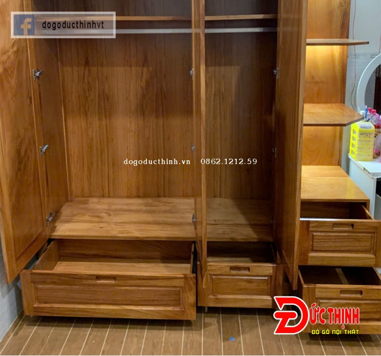 Tủ quần áo gỗ đỏ tự nhiên có kệ trang trí - 3 cánh hiện đại