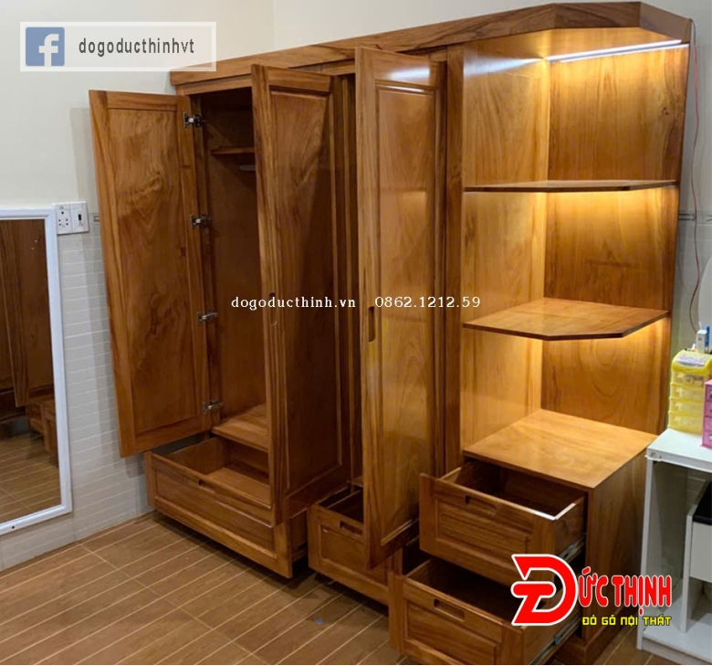 Tủ quần áo gỗ đỏ tự nhiên có kệ trang trí - 3 cánh hiện đại