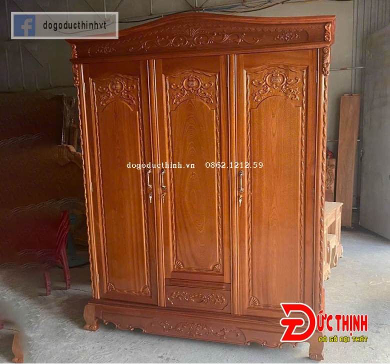 Tủ quần áo gỗ lát 3 cánh mẫu Louis