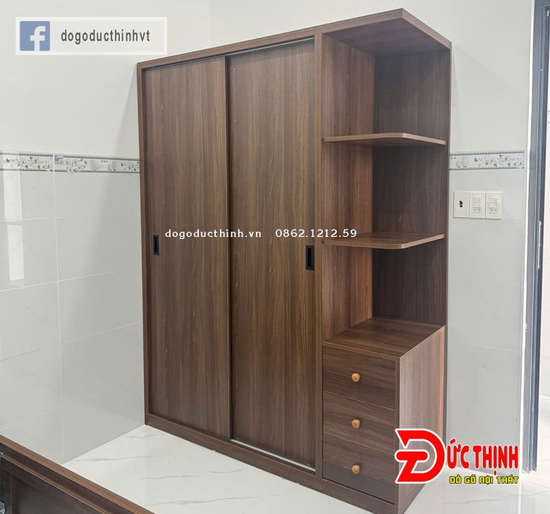 Tủ áo gỗ MDF cánh trượt có kệ trang trí 