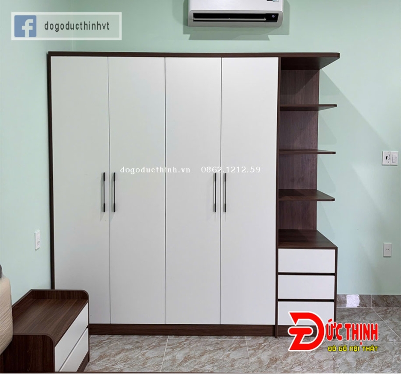 TỦ QUẦN ÁO GỖ CÔNG NGHIỆP 4 CÁNH MỞ – CÓ KỆ TRANG TRÍ – GỖ ÓC CHÓ PHỐI CÁNH TRẮNG