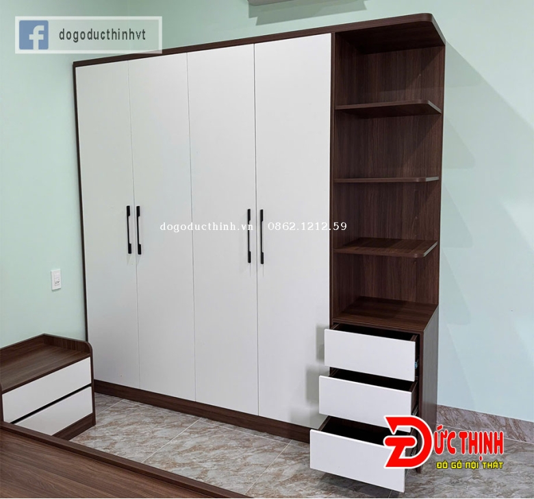 TỦ QUẦN ÁO GỖ CÔNG NGHIỆP 4 CÁNH MỞ – CÓ KỆ TRANG TRÍ – GỖ ÓC CHÓ PHỐI CÁNH TRẮNG