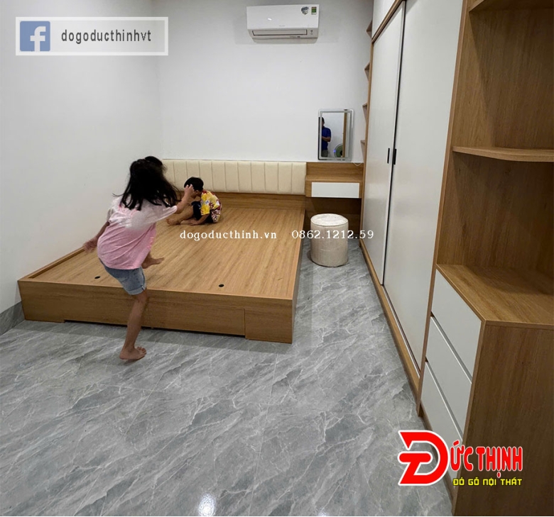 Combo phòng ngủ gỗ MDF tone màu vân gỗ kết hợp màu trắng đèn led
