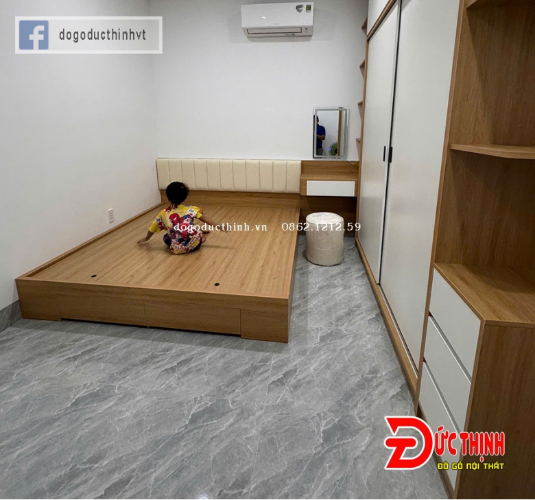 Combo phòng ngủ gỗ MDF tone màu vân gỗ kết hợp màu trắng đèn led