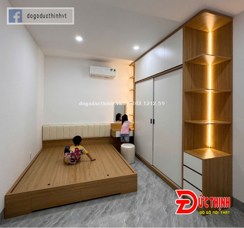 Combo phòng ngủ gỗ MDF tone màu vân gỗ kết hợp màu trắng đèn led