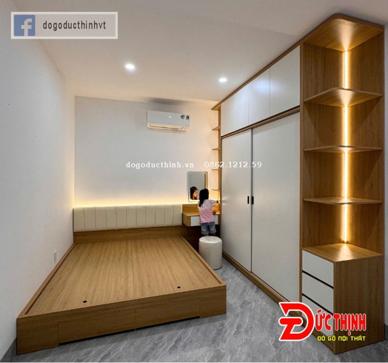 Combo phòng ngủ gỗ MDF tone màu vân gỗ kết hợp màu trắng đèn led