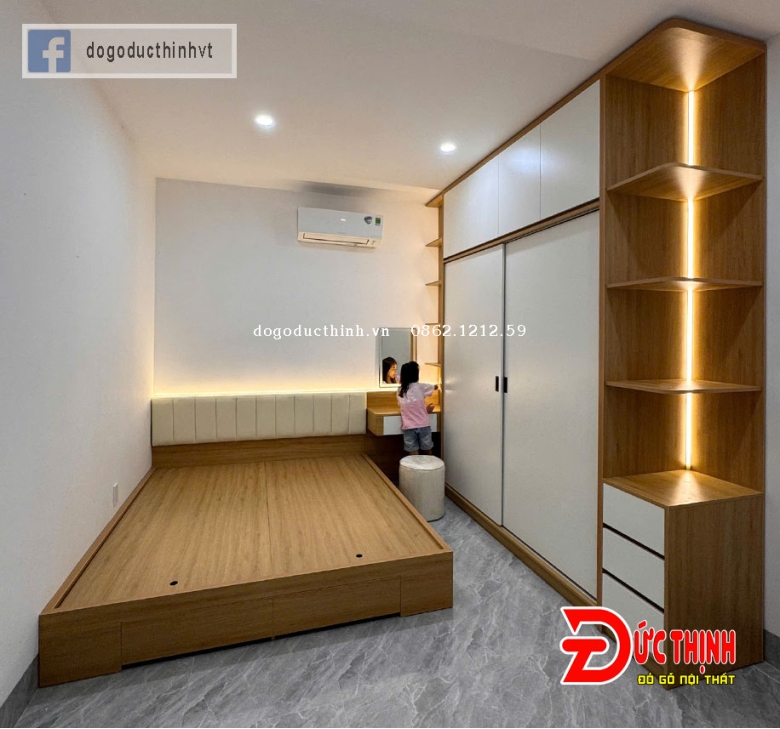Combo phòng ngủ gỗ MDF tone màu vân gỗ kết hợp màu trắng đèn led